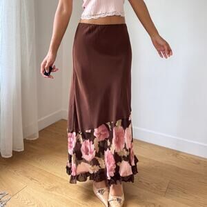 Vintage Italian Brown & Pink Mesh Floral Maxi Skirt (XS/S)